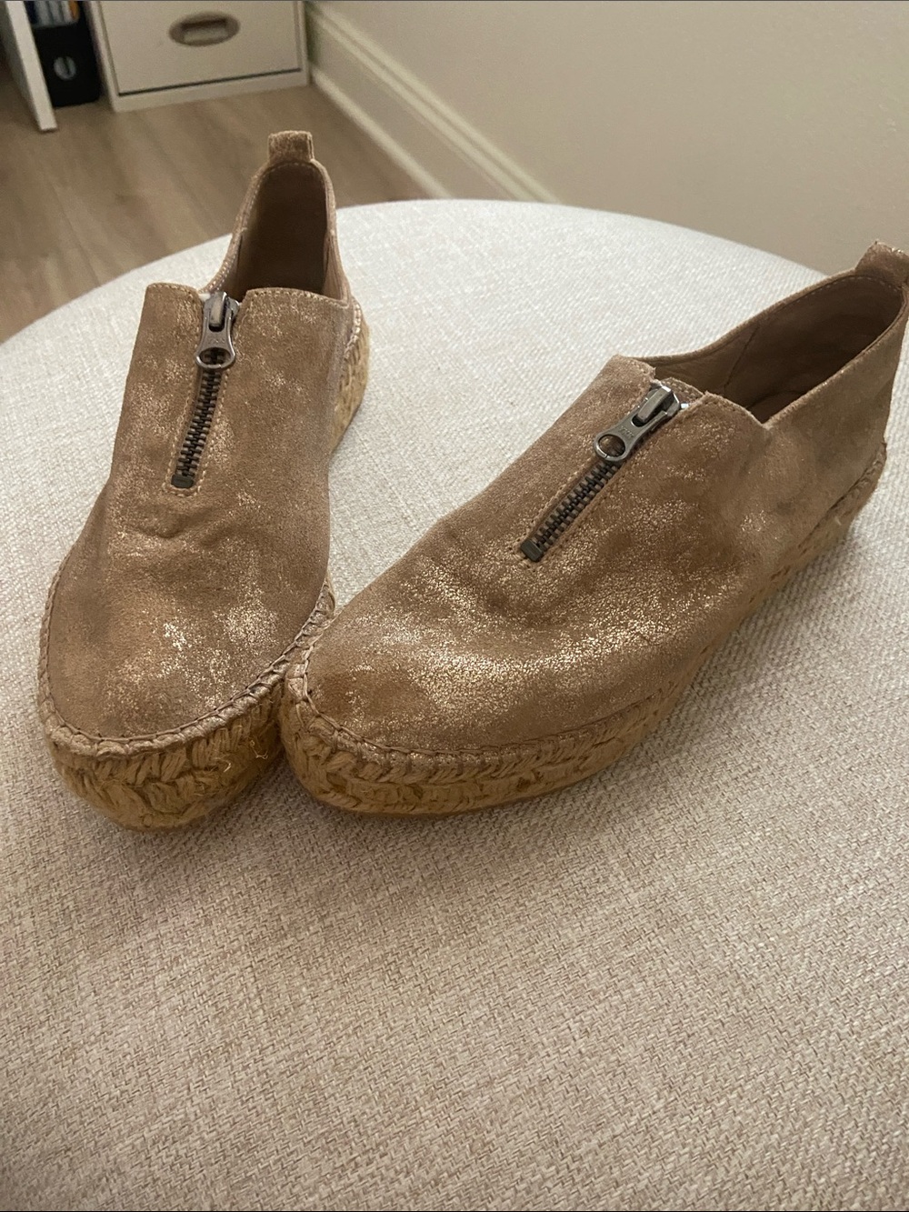 Eric Michael Taupe/Gold Suede Zip-Top Espadrille Platform Shoes